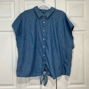 🩷 Talbots Plus Blue Lightweight Cotton Tie at Waist Button Down Top Shirt - 3X